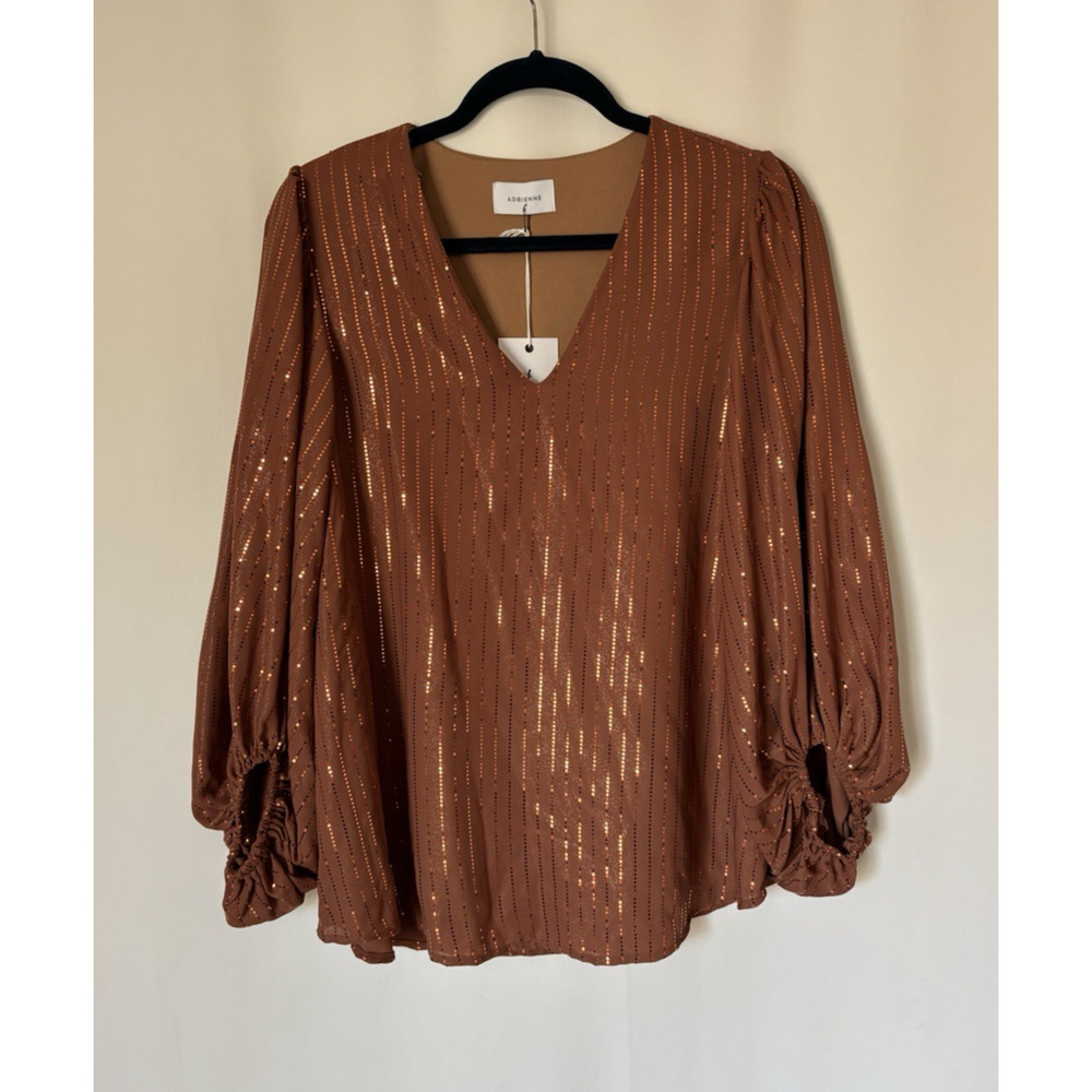 Adrienne Blouse Top Small Gold Sequin Vneck Puff Sleeve Lined New